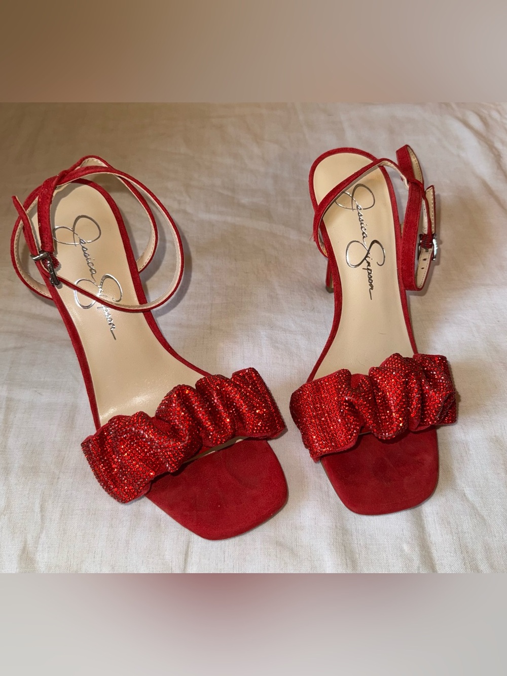 Jessica Simpson Red Sparkle Ruffle Ankle-Strap Heels